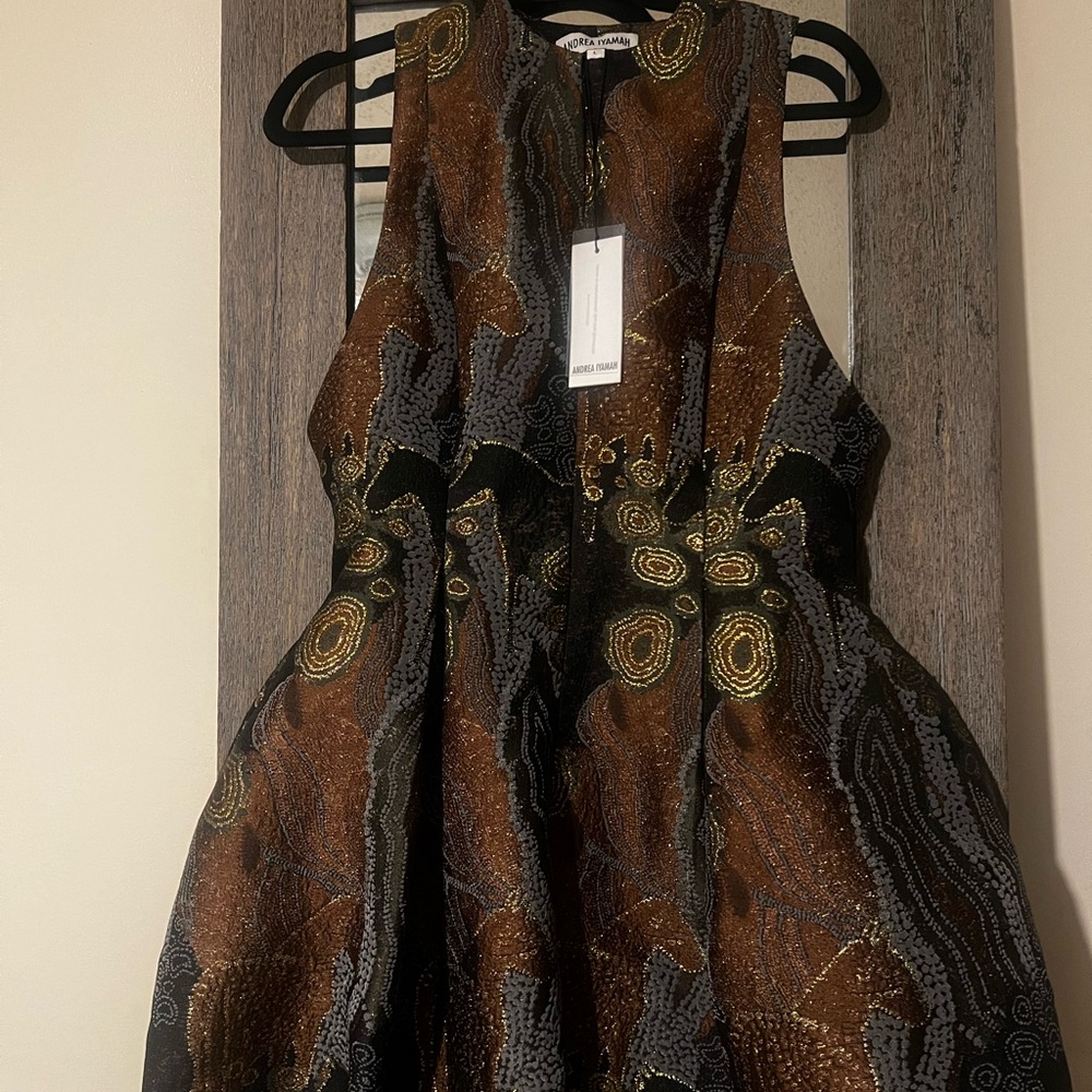 Andrea Iyamah Metallic Paisley Jacquard Dress in Brown, Black & Gold